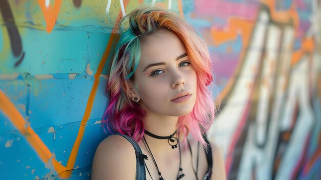 Foto una hermosa mujer joven con cabello multicolor posa frente a una pared colorida ella lleva una garganta negra y una camiseta negra