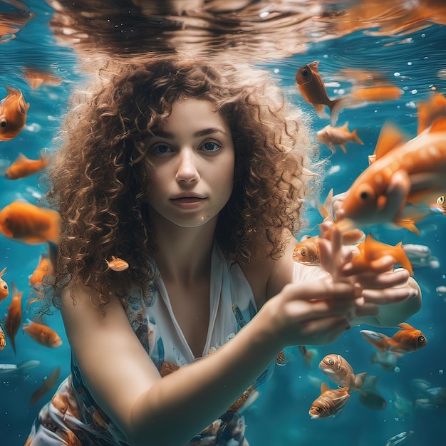 Foto una hermosa mujer joven con el cabello rizado bajo el agua rodeada de peces
