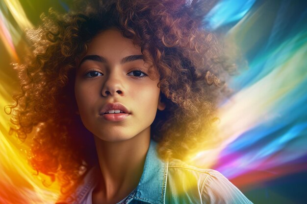 Hermosa mujer joven con cabello rizado posando para una foto frente a un fondo multicolor IA generativa