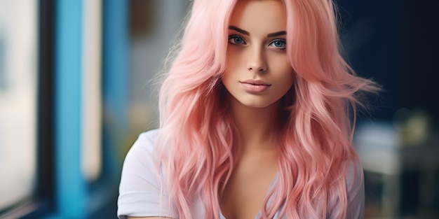 Hermosa mujer joven con cabello rosado perfecto peinado y coloración del cabello