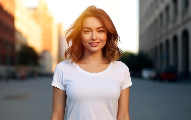 Hermosa mujer joven en camiseta blanca en blanco para maqueta Plantilla de camiseta de diseño y maqueta para sujetador