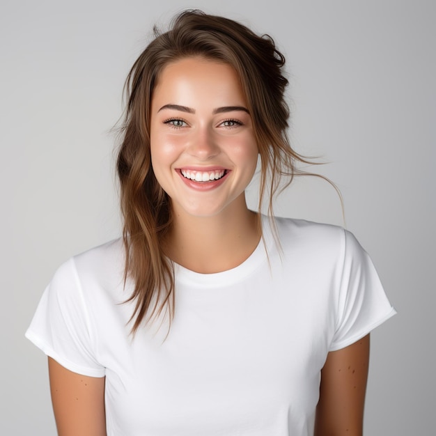 Una hermosa mujer joven con una camiseta blanca sonriendo