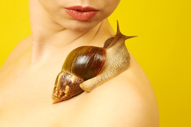 Hermosa mujer joven con un caracol en su cuerpo sobre un fondo amarillo, procedimiento de cosmetología