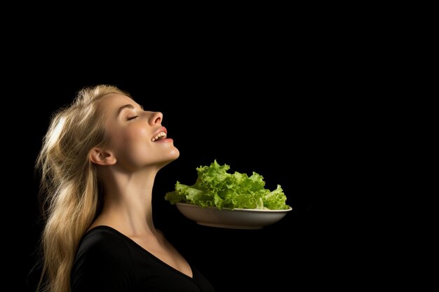 Foto una hermosa mujer joven comiendo ensalada sobre un fondo negro