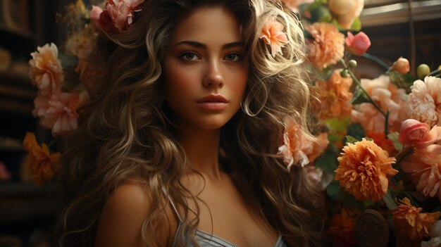 Hermosa mujer joven con corona floral