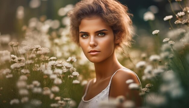 Una hermosa mujer joven y despreocupada sonriendo en la naturaleza generada por inteligencia artificial