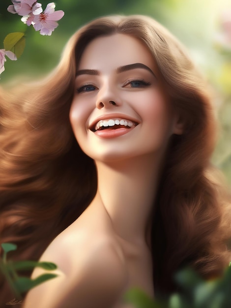 Una hermosa mujer joven disfrutando de la naturaleza sonriendo con elegancia y sensualidad