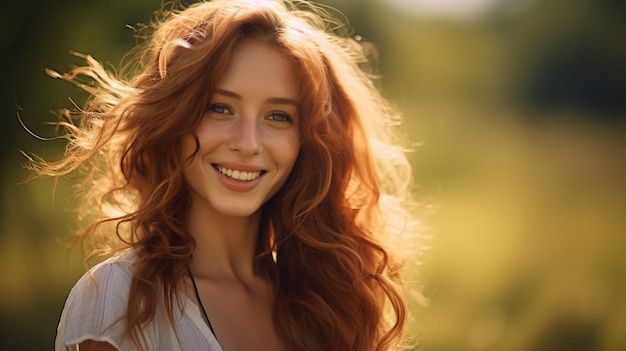 Una hermosa mujer joven y elegante sonriendo en la naturaleza.