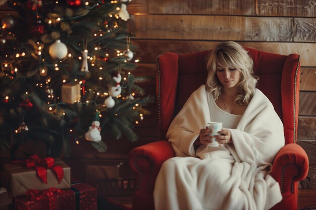 Una hermosa mujer joven envuelta en un cuadrilátero se sienta en una silla roja con una taza de té o café en el interior de la casa de Año Nuevo cerca del árbol de Navidad