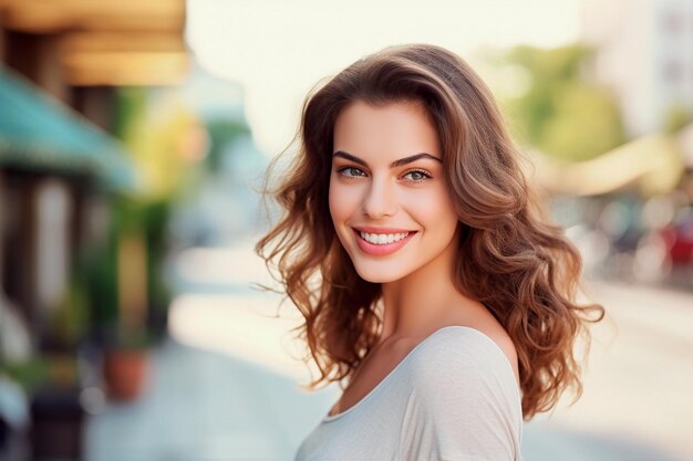 Hermosa mujer joven feliz primer retrato Chica bonita modelo con piel limpia fresca perfecta sonriendo al aire libre Belleza diversión de verano disfrutar de la vida concepto de personas