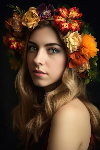 Una hermosa mujer joven con flores en el cabello