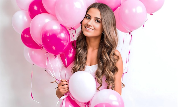 Hermosa mujer joven con globos de color rosa sobre fondo blanco.