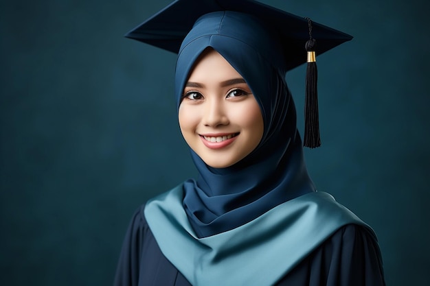 Hermosa mujer joven con hijab con gorro de graduación