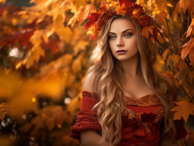 hermosa mujer joven con hojas de otoño en el pelo