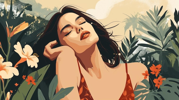 Hermosa mujer joven en la ilustración del bosque tropical en estilo retro IA generativa