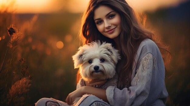 Una hermosa mujer joven con una imagen de perro IA generativa