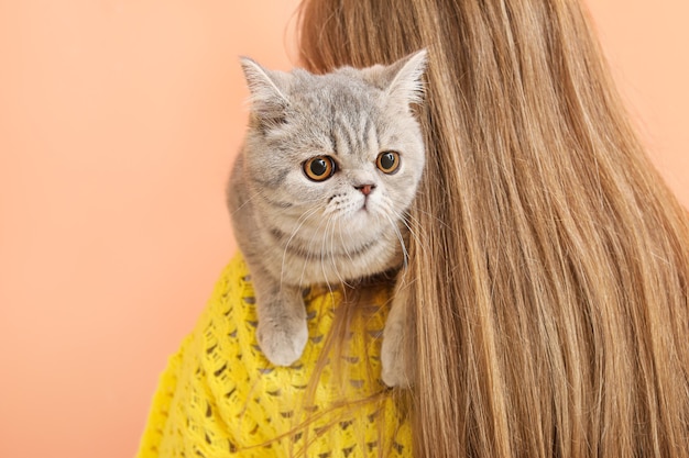 Hermosa mujer joven con lindo gato en color