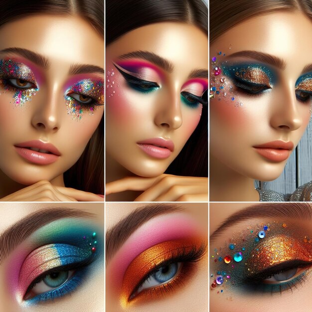 hermosa mujer joven con maquillaje brillante y collage de ojos de rostro de mujer hermosa