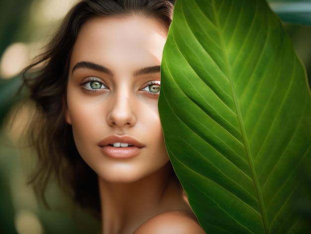 Hermosa mujer joven con maquillaje natural sostiene una gran hoja verde sobre un fondo verde borroso