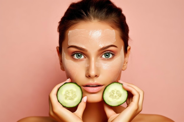 Foto hermosa mujer joven con mascarilla sosteniendo rodajas de pepino en su cara aislada sobre un fondo rosa ia generativa