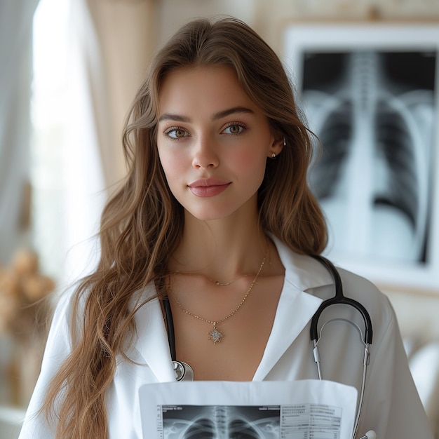 hermosa mujer joven médico mirando la imagen de rayos X en la clínica