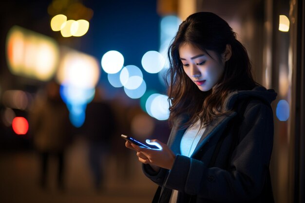 Una hermosa mujer joven mirando su teléfono celular.