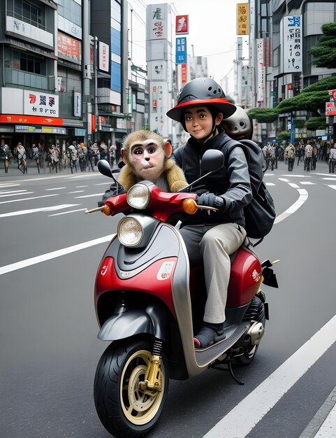 Foto una hermosa mujer joven montando en un scooter con un mono en la carretera de tailandia