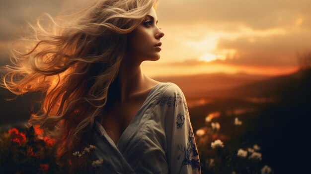 una hermosa mujer joven en la naturaleza mirando la puesta de sol