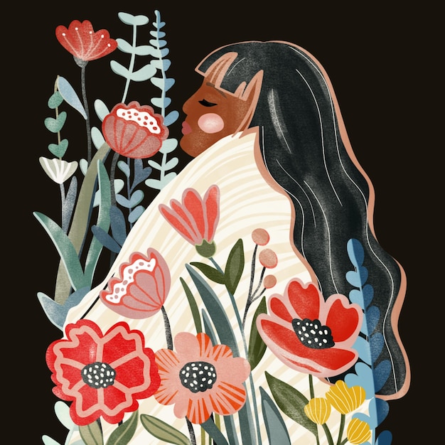 hermosa mujer joven con un patrón floral