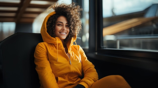 Hermosa mujer joven con peinado afro con sudadera con capucha amarilla sentada en un resort de montaña