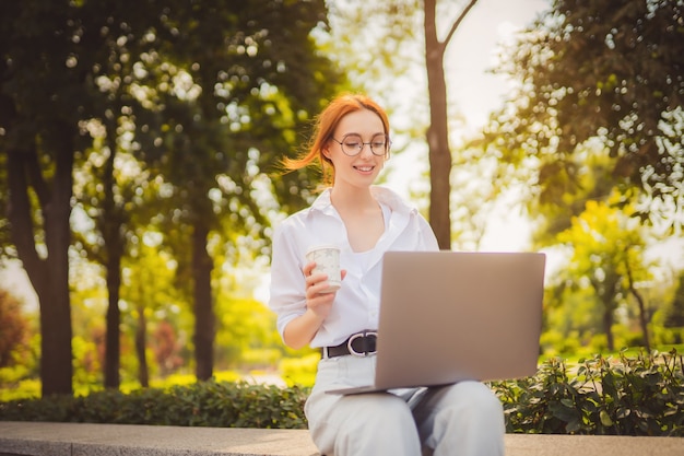 Hermosa mujer joven pelirroja sentada en el parque y usando laptop estudiante universitario ropa independiente ...