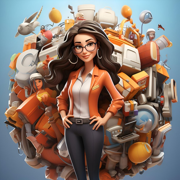 Hermosa mujer joven con el pelo largo y ondulado con chaqueta naranja y gafas parada frente a una enorme pila de objetos industriales renderizados en 3D