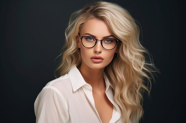 Foto una hermosa mujer joven con el pelo largo y rubio y con gafas.