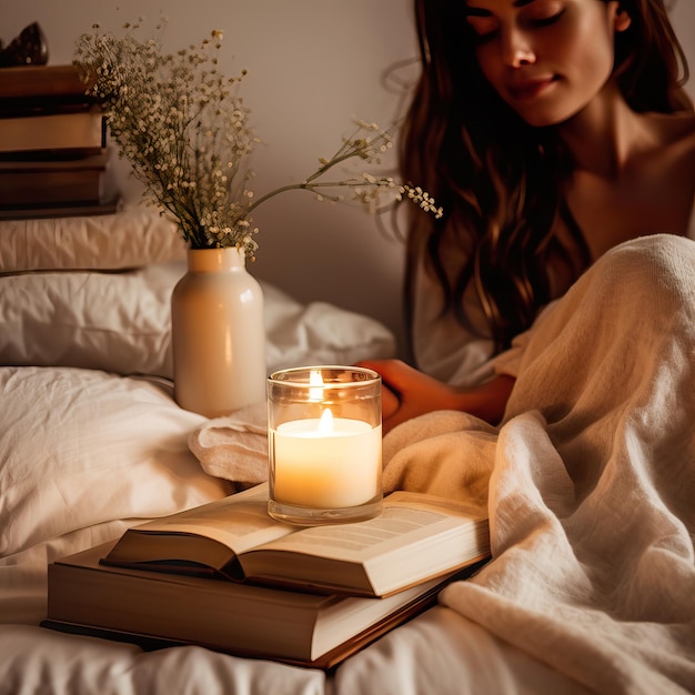 Hermosa mujer joven con el pelo largo vestido de blanco relajándose en el dormitorio de su casa con velas en llamas