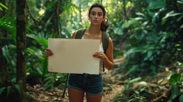 Una hermosa mujer joven de pie en una exuberante jungla verde sosteniendo un cartel o cartel blanco vacío