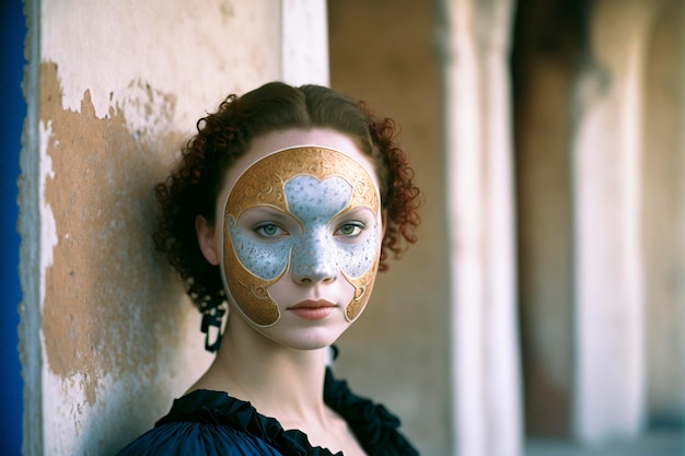 Hermosa mujer joven se prepara para el carnaval máscara veneciana de aspecto misterioso Creado con tecnología de IA generativa