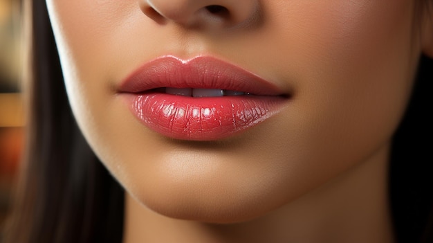 Hermosa mujer joven con primer plano de lápiz labial rosa