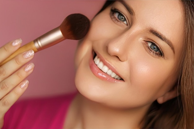 Foto hermosa mujer joven que aplica el producto cosmético en polvo con maquillaje cepillo de bambú maquillaje de belleza y cosméticos para el cuidado de la piel modelo cara retrato sobre fondo rosa