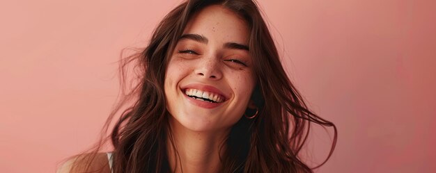 Una hermosa mujer joven que es feliz y sonriente sobre un fondo rosa