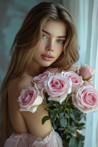 Una hermosa mujer joven con un ramo de rosas rosas