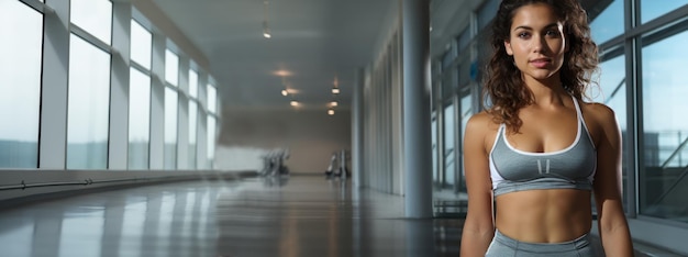 Hermosa mujer joven en ropa deportiva en el gimnasio Banner panorámico