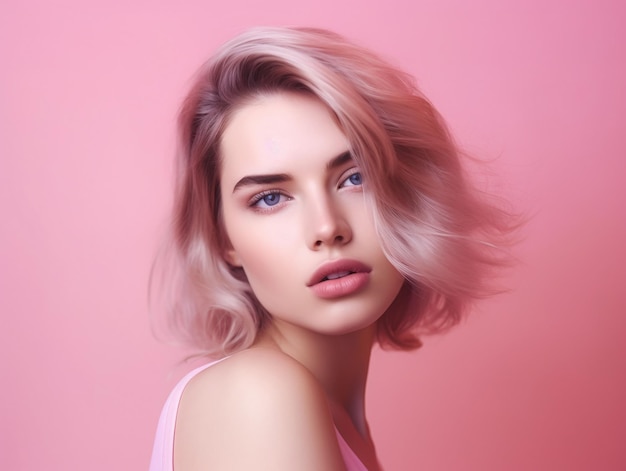 Hermosa mujer joven rostro piel perfecta cabello natural fotografía de estudio aislado sobre fondo rosa ilustración generativa Ai