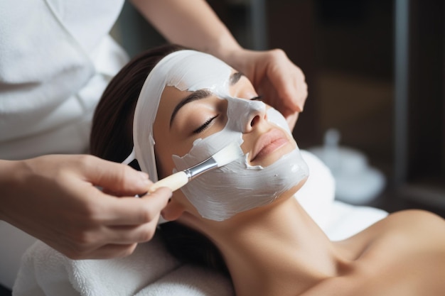 Hermosa mujer joven en el salón de spa recibiendo máscara facial por esteticista