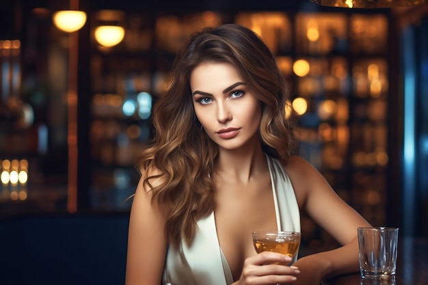 Hermosa mujer joven sentada en un bar con un vaso de whisky en un lujoso interior Fondo borroso Una mujer se relaja en un bar con un vaso