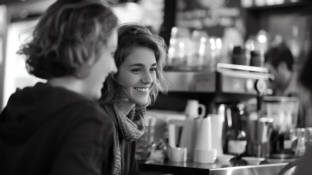 Foto una hermosa mujer joven está sentada en un café sonriendo y mirando a su amiga tiene el cabello castaño corto y lleva una bufanda