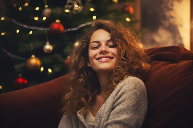 Hermosa mujer joven sentada en el sofá cerca del árbol de Navidad en casa