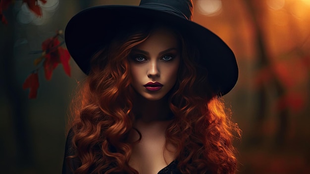 Hermosa mujer joven con sombrero de bruja retrato de arte de Halloween