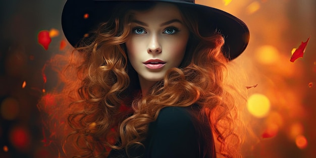 Hermosa mujer joven con sombrero de bruja retrato de arte de Halloween