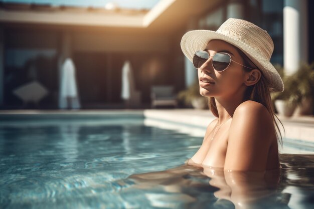 Hermosa mujer joven con sombrero y gafas de sol relajándose en la piscina en el resort AI generativa