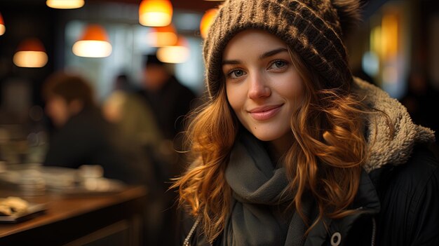 Una hermosa mujer joven con sombrero de lana sonriendo esperando en un bar